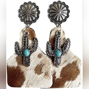 Cattle faux cow hyde ear tag western earrings